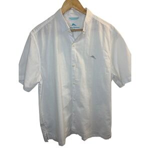 Tommy Bahama Mens Large White 100% Cotton Short Sleeve Button Down Marlin Shirt